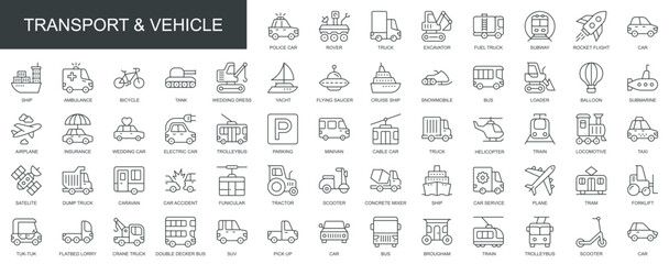 Fototapeta na wymiar Transport and vehicle web icons set in thin line design. Pack of car, rover, truck, excavator, subway, rocket, taxi, ship, bicycle, tank, yacht, other outline stroke pictograms. Vector illustration.