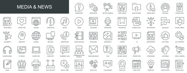 Media and news web icons set in thin line design. Pack of phone post, likes, blogger, interview, video, favorite, influence, dialogue, influence, other outline stroke pictograms. Vector illustration.