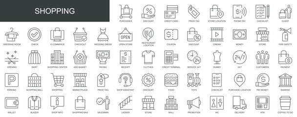 Shopping web icons set in thin line design. Pack of store, retail, sale, purchase, discount, credit card, checklist, e-commerce, checkout, store, other outline stroke pictograms. Vector illustration.