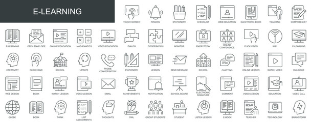 E-learning web icons set in thin line design. Pack of stationery, education, group students, teaching, online lesson, video, conference, school, other outline stroke pictograms. Vector illustration. - obrazy, fototapety, plakaty