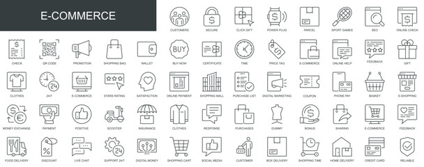 E-commerce web icons set in thin line design. Pack of customer, parcel, online check, promotion, shopping bag, wallet, buy, price tag, purchase, other outline stroke pictograms. Vector illustration.