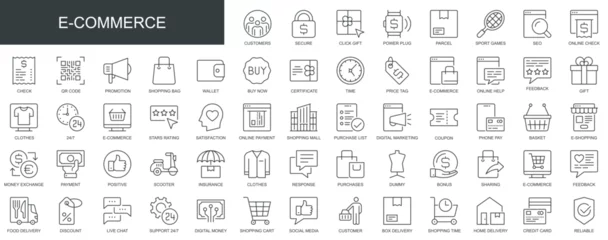 Foto auf Acrylglas E-commerce web icons set in thin line design. Pack of customer, parcel, online check, promotion, shopping bag, wallet, buy, price tag, purchase, other outline stroke pictograms. Vector illustration. © alexdndz