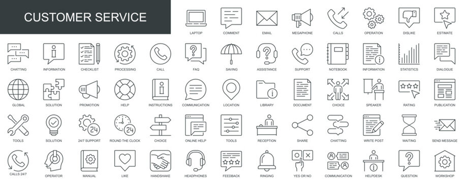 Customer service web icons set in thin line design. Pack of feedback, online help, technical support, call, chatting, processing, solution, faq, other outline stroke pictograms. Vector illustration.