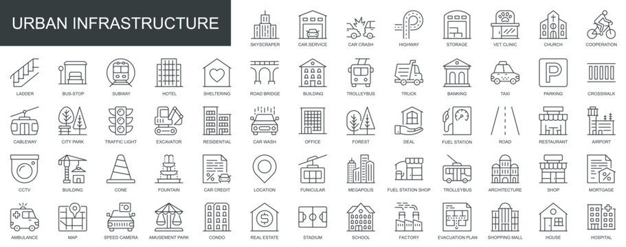 Urban infrastructure web icons set in thin line design. Pack of skyscraper, car service, highway, clinic, ladder, hotel, subway, shelter, park, other outline stroke pictograms. Vector illustration.