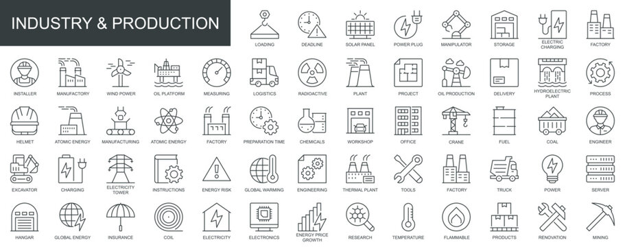 Industry and production web icons set in thin line design. Pack of renovation, power, storage, logistics, factory, manufacture, engineer, plant, other outline stroke pictograms. Vector illustration.