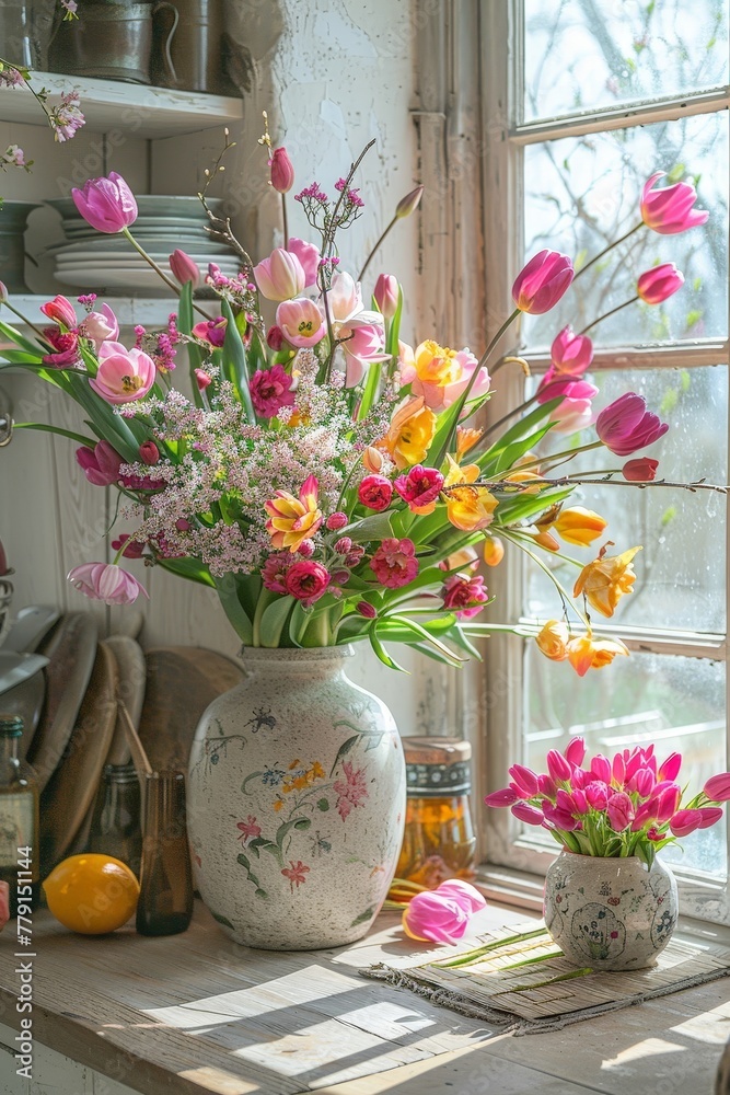 Aufkleber a colorful array of various flowers filling a tall vase, illuminated by natural light, placed on a w