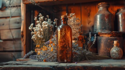 Essential oil in amber bottle amid flowers. Brown glass vial with herbal backdrop. Concept of...