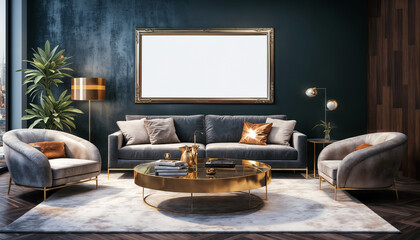 Interior of modern living room with dark blue walls, concrete floor, comfortable gray sofas and golden coffee with Elegant Photo Frame mockup. 3d rendering