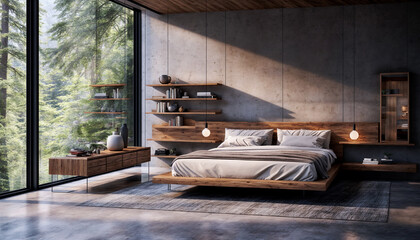 Interior of modern bedroom with wooden and concrete walls, comfortable king size bed and bookcase with Elegant Photo Frame mockup. 3d rendering