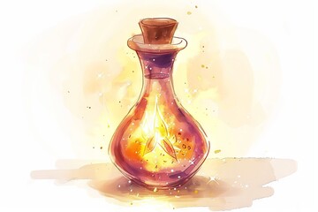 Magical potion in a glass flask with a glowing effect. Watercolor fantasy illustration. Concept for mystical and magical themed design and storytelling.