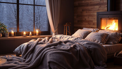 Interior of a wooden house with a fireplace. Cozy winter morning.