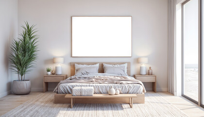 Fototapeta na wymiar Interior of modern bedroom with beige walls, carpeted floor, comfortable king size bed and wooden wardrobe. 3d rendering