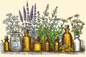 Vintage botanical drawing of amber bottles and medicinal herbs. Illustration of herbal extracts and wildflowers. Concept of apothecary tradition, natural remedies, herbalism, and botanical diversity.