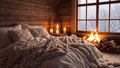 Interior of a wooden house with a fireplace. Cozy winter morning.
