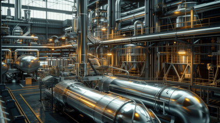 A modern chemical manufacturing plant with reactors, mixing vessels, and control panels, momentarily still but capable of producing a wide range of chemical compounds