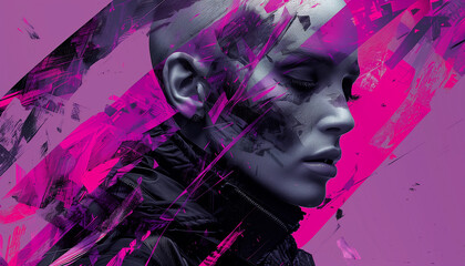 Futuristic digital art of a female figure with abstract pink and black strokes, representing modern beauty and technology fusion - obrazy, fototapety, plakaty