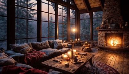 Interior of a cozy living room with a large window overlooking the forest