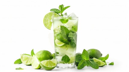 Obraz premium Refreshing Mojito cocktail served in a tall glass with lime wedges and mint leaves, isolated on white background, perfect for summer gatherings.