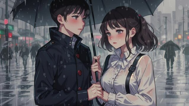 A shy couple sharing an umbrella in the rain, cheeks flushed with embarrassment, anime seamless loop animation.