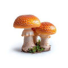 Two Mushrooms Resting on White Surface. Generative AI