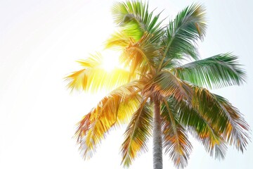 Clear white background, one palm tree in the rays of the sun isolated on white background, blank copy space