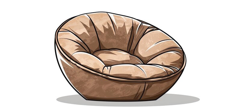 An artistic drawing of a brown bean bag chair made of natural materials like wood and wicker, on a white background. The fashion accessory is in the form of a rectangle, giving a cozy and earthy feel