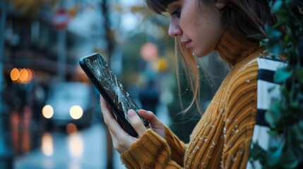 side view of a woman holding an phone with cracked screen