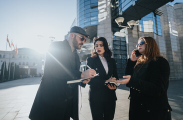 A group of young entrepreneurs collaborates outside with modern technology, amidst city architecture, basked in a sun flare.