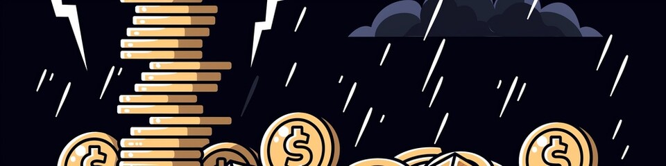 Minimalist illustration of golden coins raining down against a black background, representing financial success, wealth overflow, and economic prosperity