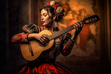 Mexican woman dressed in traditional attire strums the guitar, celebrating Cinco de Mayo