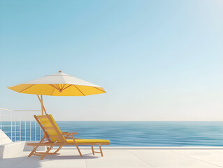 Beach chair and umbrella on sunny terrace by the sea - Ai Generated