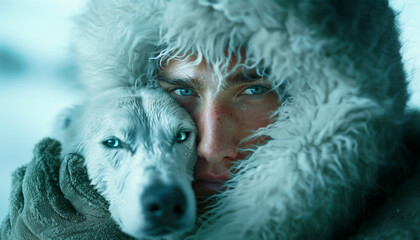 Person in furry hood embracing a dog in a snowy setting, conveying warmth and companionship