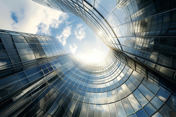 Looking up at a curved modern skyscraper with reflective glass facade against the sky. Architectural dynamics and urban corporate buildings concept for design and print