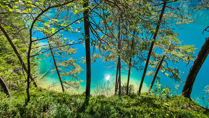 Panoramic view of alpine landscape seen from east bank of lake Weissensee in Carinthia, Austria. Tranquil forest in serene landscape amidst remote untouched nature in summer. Pristine turquoise water