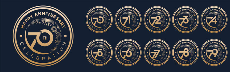 set of 70 to 79th anniversary logotype design, with golden fireworks for celebration event, wedding, and birthday, vector illustration