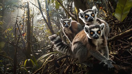 Naklejka premium Curious lemur family in madagascar rainforest captured in wide angle strobe photography