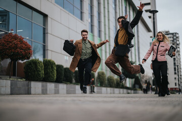 Energetic young business colleagues celebrating success outside a modern office building, expressing freedom and happiness.
