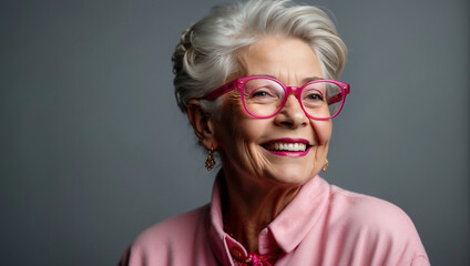 Strahlendes Lächeln einer Seniorin mit pinker Brille vor grauem Hintergrund - obrazy, fototapety, plakaty