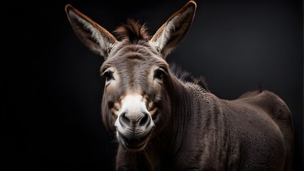 a joyful donkey portrait in a photo studio with key lighting, isolated against a black backdrop, and copy