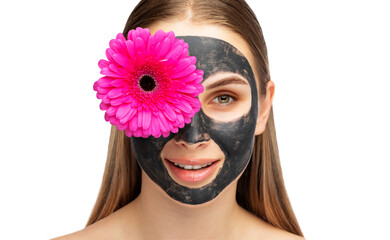 Portrait of attractive girl with healthy clean skin and beautiful make-up. She applied the mask to her face. Aesthetic cosmetology and makeup concept.Near her face is a pink flower