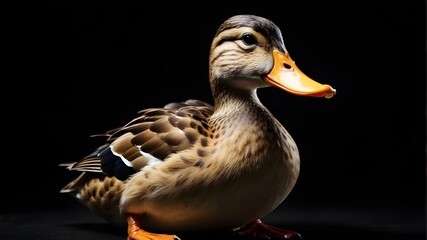 portrait of a contented duck, isolated with a black background and copy space, in a photo studio setup with key lighting