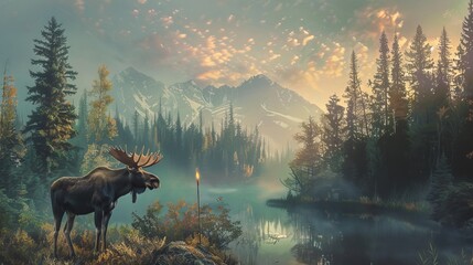 Majestic moose in northern wilderness  antlers reaching skyward in misty forests