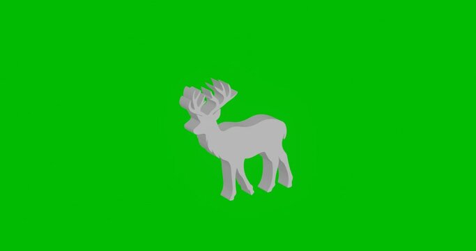 Animation of rotation of a white deer symbol with shadow. Simple and complex rotation. Seamless looped 4k animation on green chroma key background