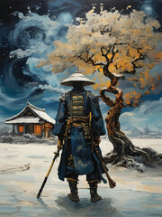 A samurai with tree and scenery between reality and fantasy vector customized design - obrazy, fototapety, plakaty
