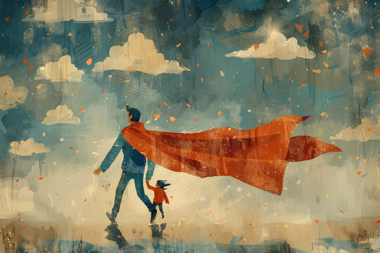 Father and child playing superheroes in rain, perfect for Father's Day themes.