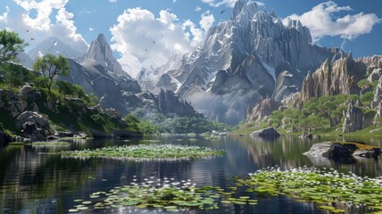 Stunning mountain landscape with a clear serene lake - A breathtaking nature scene with towering mountains, a serene lake with lily pads, and clear blue sky filled with birds in flight