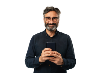 Smiling Man with Phone on Transparent BG