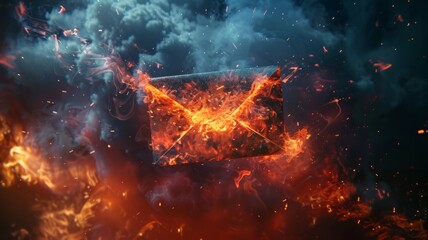 Burning envelope icon amidst fiery chaos - A compelling visual of a burning envelope icon amidst a fiery tempest, evoking themes of danger in digital communication - obrazy, fototapety, plakaty