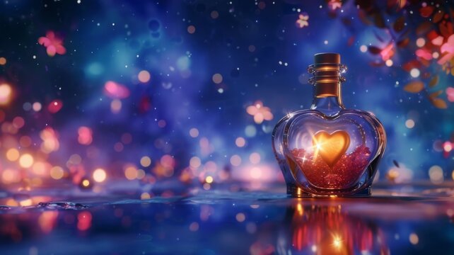 Illuminated heart-shaped bottle on blue - A captivating image featuring a heart-shaped bottle glowing amidst a dreamy blue backdrop with bokeh lights, symbolizing romance and enchantment
