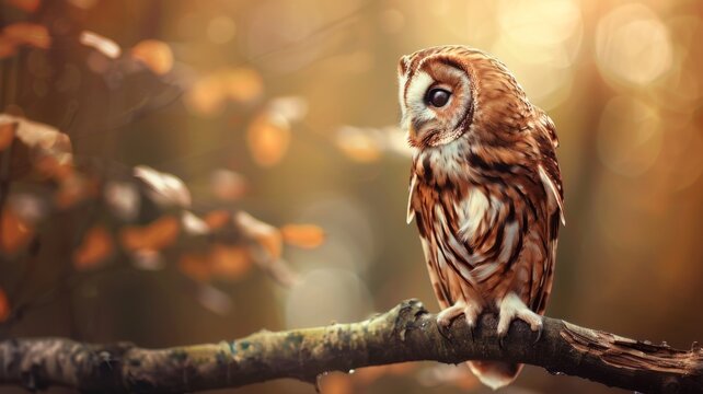 Warm toned image of a small owl on a branch - A captivating photo of a small, detailed owl perched on a branch with a warm, autumnal bokeh background